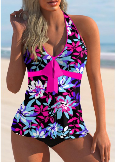 ROTITA Bowknot Floral Print Halter Tankini Set