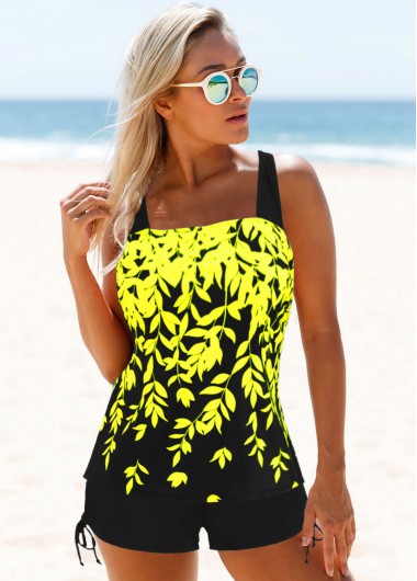 Printed Drawstring Side Wide Strap Tankini Set