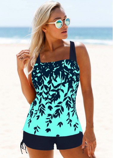 Printed Drawstring Side Wide Strap Tankini Set