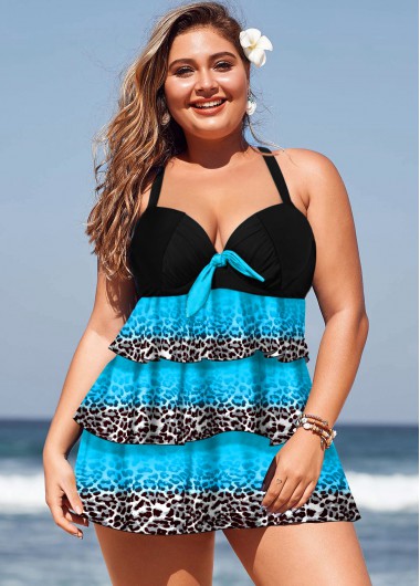 Leopard Print Layered Hem Plus Size Swimdress Top