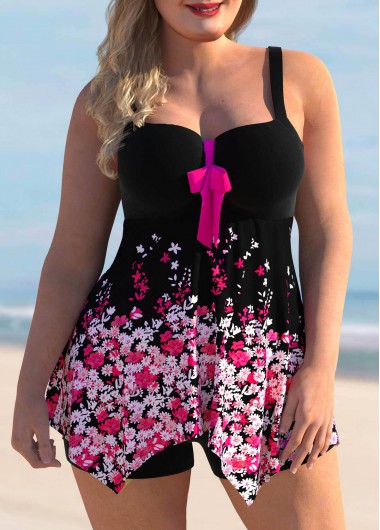 Floral Print Bowknot Plus Size Swimdress and Panty
