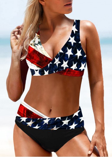 Lace Up Mid Waist American Flag Print Bikini Set