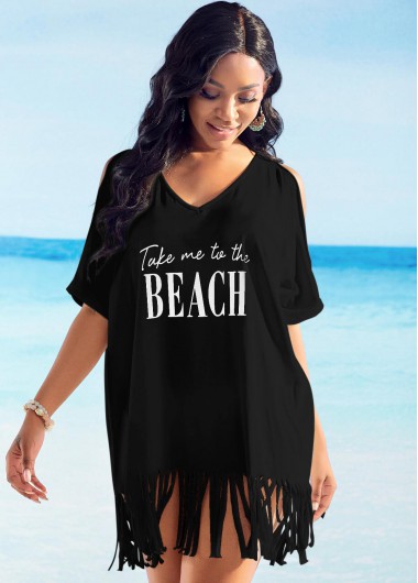 Tassel Hem Cold Shoulder Letter Print Cover Up