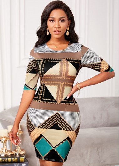Half Sleeve Geometric Print Round Neck Dress