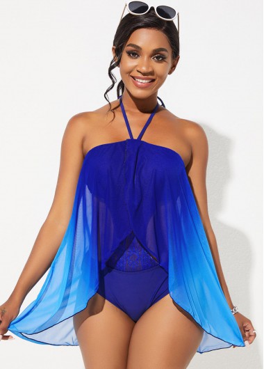 Flyaway Halter Lace Stitching Ombre One Piece Swimdress