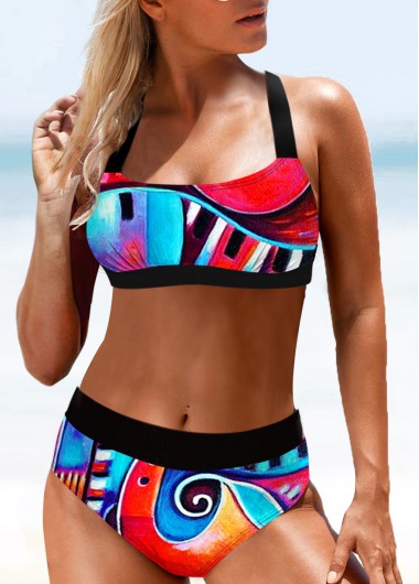 High Waisted Printed Cross Strap Bikini Set