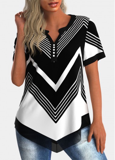 Geometric Print Asymmetric Hem Chiffon Panel Blouse