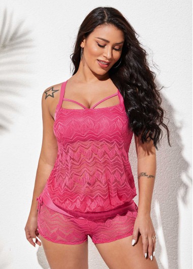 Drawstring Side Lace Stitching Cage Back Tankini Set