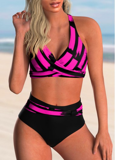 Geometric Print Cross Front High Waist Bikini Set