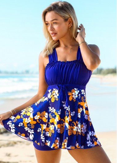 Tie Front Floral Print Wide Strap Swimdress and Shorts