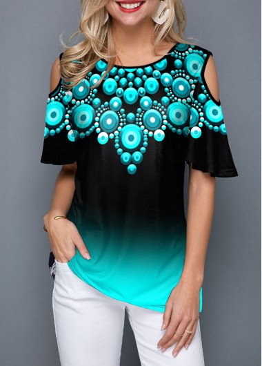 Half Sleeve Tribal Print Cold Shoulder T Shirt