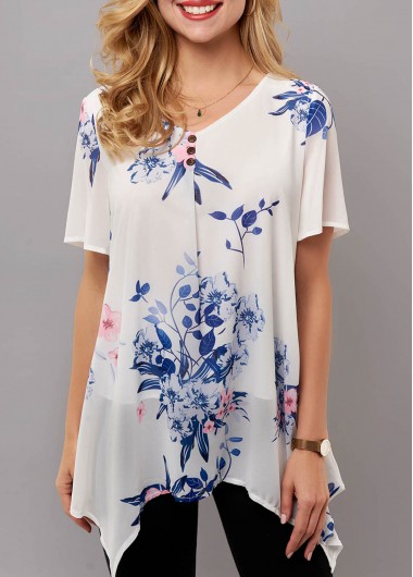 Short Sleeve Asymmetric Hem Floral Print T Shirt