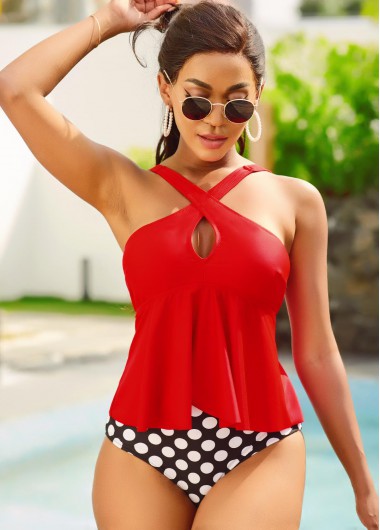 Cross Front Polka Dot Wide Strap Tankini Set