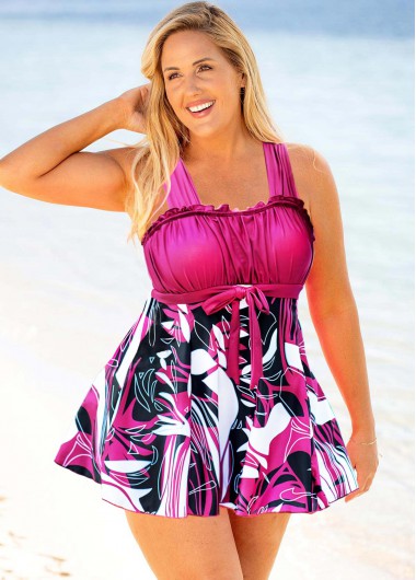 Printed Bowknot Plus Size Swimdress and Panty