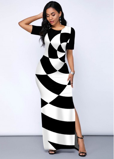 Round Neck Geometric Print Side Slit Dress