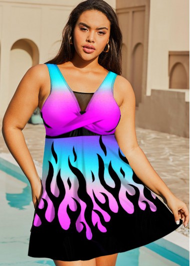 Plus Size Colorful Printed Mesh Stitching Swimdress Top
