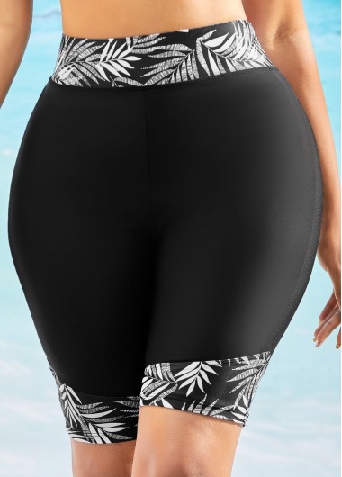 Skinny Leaf Print High Waist Swim Shorts