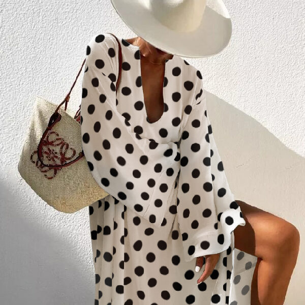 SkuCY-!114557MaterialCotton-blend StyleFlared Sleeves FeaturePolka-dot NecklineDeep V-Neck OccasionCasual