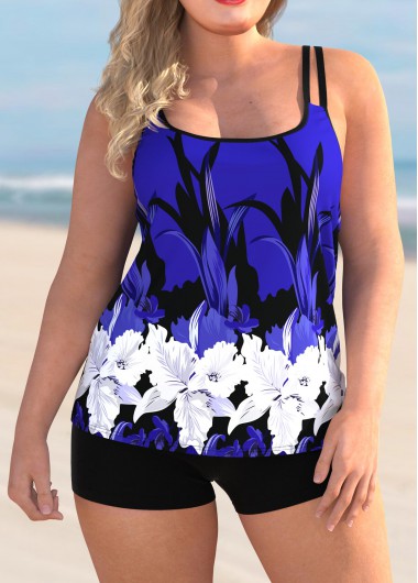 Spaghetti Strap Plus Size Floral Print Tankini Set