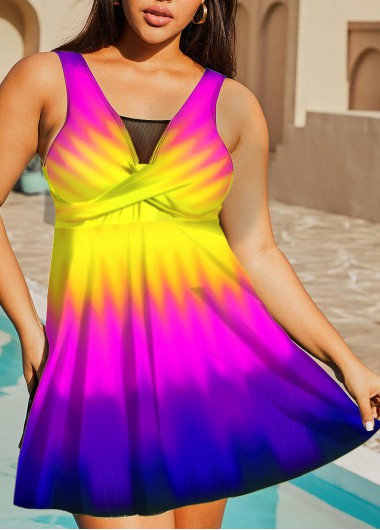 Ombre Colorful Printed Plus Size Swimdress Top