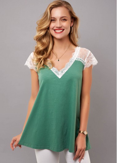 ROTITA V Neck Lace Stitching Short Sleeve T Shirt