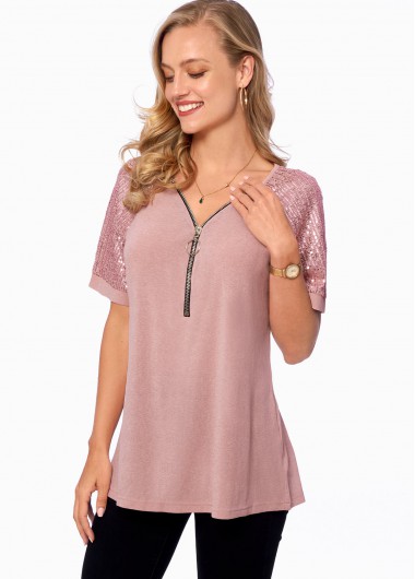 Short Sleeve Quarter Zip Sequin T Shirt