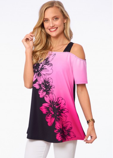 Floral Print Cold Shoulder Ombre T Shirt
