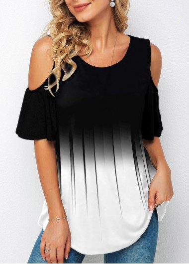 Round Neck Cold Shoulder Color Block T Shirt