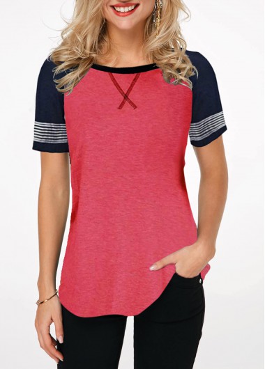 Round Neck Contrast Short Sleeve T Shirt