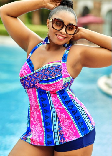 Plus Size Tribal Print Tie Back Tankini Set