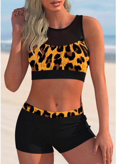 Mid Waist Mesh Stitching Leopard Bikini Set
