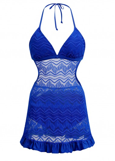 ROTITA Solid Lace Stitching Halter Swimdress and Panty