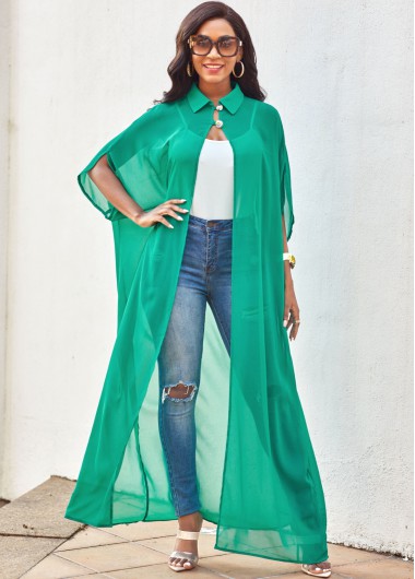 Three Quarters Sleeve Solid Turndown Collar Blouse