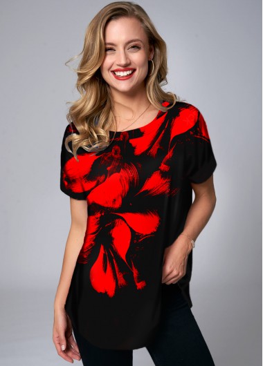 ROTITA Round Neck Floral Print Short Sleeve T Shirt