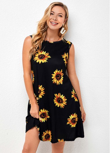 Sunflower Print Round Neck Sleeveless Dress