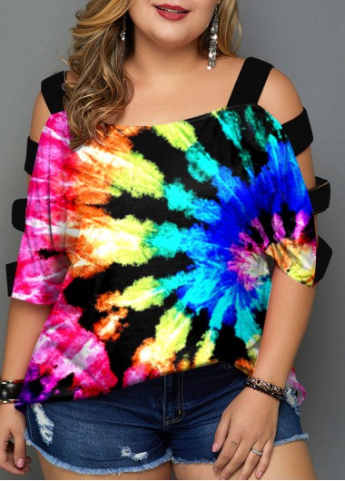 Tie Dye Print MultiColor Ladder Cutout T Shirt