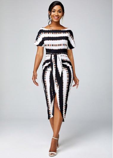 Short Sleeve Striped Skew Neck Dress