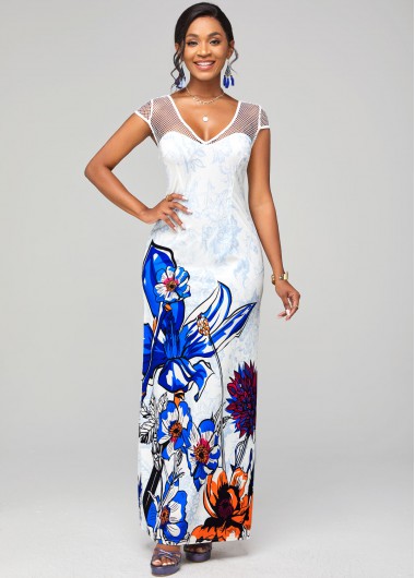 Short Sleeve Fishnet Panel Floral Print Dress