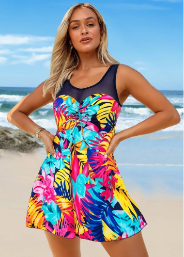 Mesh Stitching Center Shirred Leaf Print Swimdress and Shorts