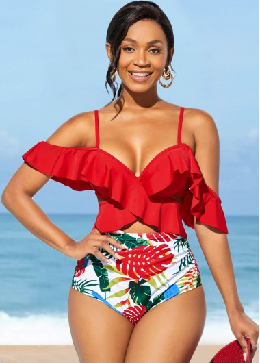 Spaghetti Strap Flounce High Waisted Bikini Set