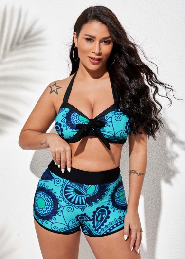 Halter Tribal Print High Waisted Tie Front Bikini Set