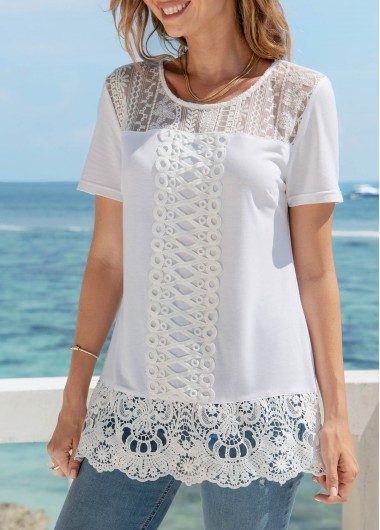 Short Sleeve Lace Stitching Round Neck T Shirt