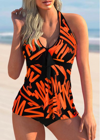 Halter Printed Bowknot Detail Tankini Set