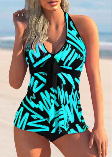 Bowknot Detail Printed Halter Tankini Set