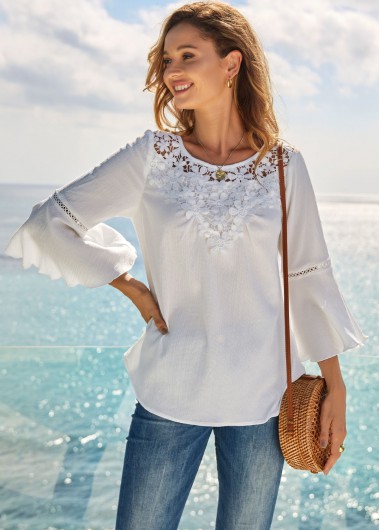 Solid Lace Stitching Flare Sleeve T Shirt