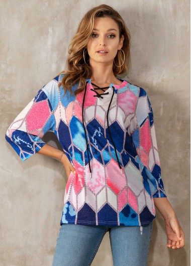 ROTITA Geometric Print Lace Up 3/4 Sleeve T Shirt