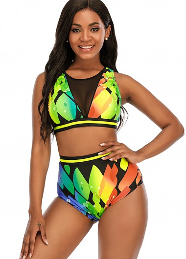 Printed High Waist Mesh Stitching Bikini Set