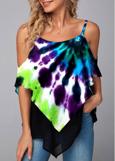 ROTITA Asymmetric Hem Tie Dye Print Mesh Stitching T Shirt