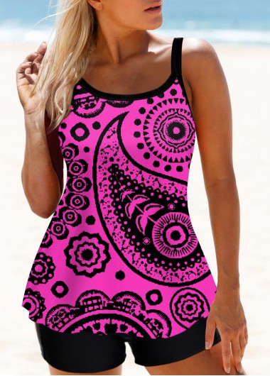 Paisley Print Wide Strap Purple Tankini Set