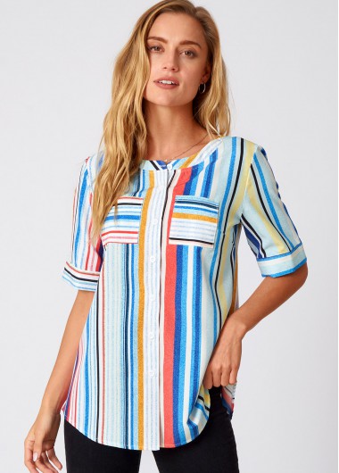Round Neck Rainbow Stripe Double Pocket Blouse